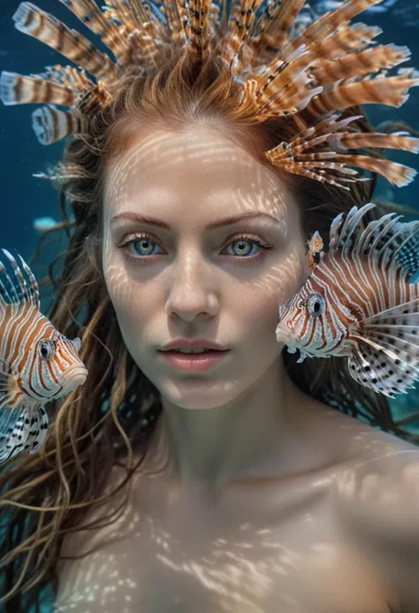 portrait a pale woman and lion fish fusion, biological head fusion theme, long floating hair, ultra sharp, (visible skin pores:1.3), highly detailed, high texture, detailed eyes, 8k UHD, award-winning underwater nature photography, SFW