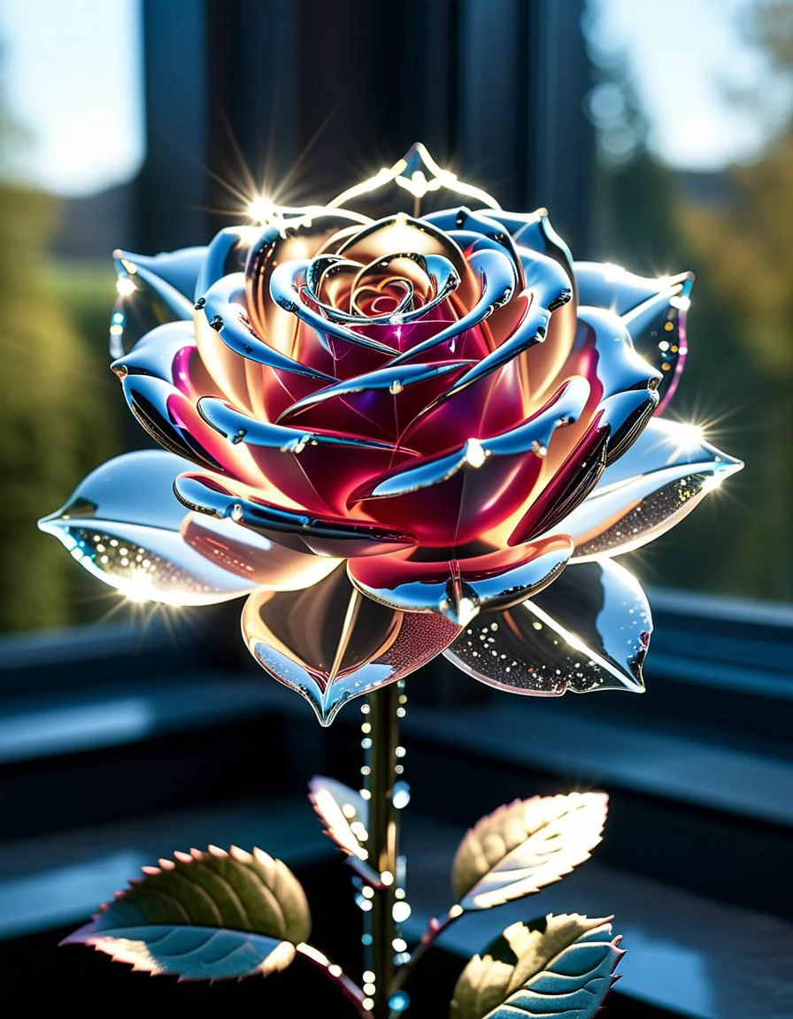 extremely detailed 32k UHD RAW photo depicting a (crystal rose sculpture:1.6), (transparent petals:1.3) enhanced with silver,(entirely made of crystal:1.3), showcasing a multifaceted (translucent crystal rose:1.3) with a prismatic effect as light passes through, transparent crystal rose), light diffraction, caustic, magical shop, medieval-fantasy settings, magical lights, details,beautiful sunlight,(ultra sharp focus:2), (detailed windows:2), (thin lines:2), (best quality:1.8),Masterpiece,best quality,hi res,8k,hi res,8k,award winning,(sharp focus, intricate, highly detailed),
