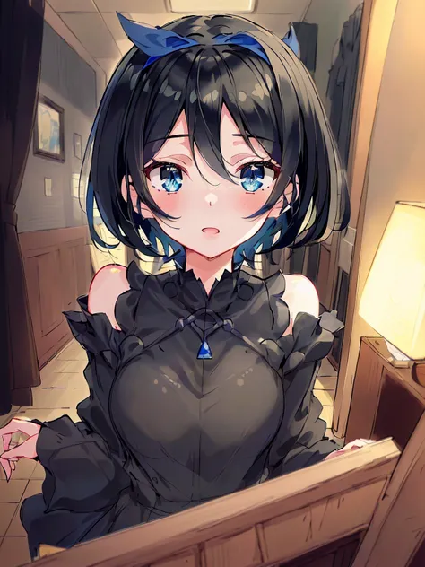 <lora:RukaSarashina:0.7>,high res, masterpiece, Ruka Sarashina,short hair, black hair, ((solo)), 1girl, cute, indoors, detailed eyes, ((blue_green eyes))