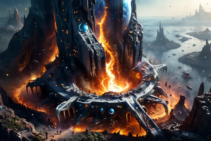 <lora:xl_more_art-full_v1:0.7>, (best quality:1.5), (hyperrealism:1.3), (intricate emotional details:1.5), (ultra detailed), (sharp focus), (sharp details), detailed digital illustration of a [Elemental forge in volcanic mountains:Transcendent beings manipulating galactic events:0.5], Lunarpunk,  <lora:bl4ckl1ghtxl:0.7> bl4ckl1ghtxl , <lora:sdxlaarg_aerial:0.7> archiaerialview