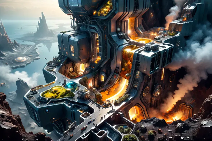 <lora:xl_more_art-full_v1:0.7>, (best quality:1.5), (hyperrealism:1.3), (intricate emotional details:1.5), (ultra detailed), (sharp focus), (sharp details), detailed digital illustration of a [Elemental forge in volcanic mountains:Space colony on living asteroid:0.5], Clockpunk,  <lora:fracolor:0.7> fracolor , <lora:sdxlaarg_aerial:0.7> archiaerialview