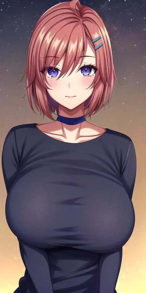 <lora:MomodateMarinV3:.7>, MomodateMarin, huge_breasts, standing, solo, choker, sweater, starry_sky, hairclip,, masterpiece, best_quality, detailed_face, detailed_eyes, highres, beautiful, detailed, absurdres,