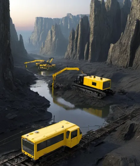 , <lora:3l3ctronics:1> 3l3ctronics, black & yellow, industrial, heavy duty, modular, swamp valley surrounded by high rocky cliffs, dawn,