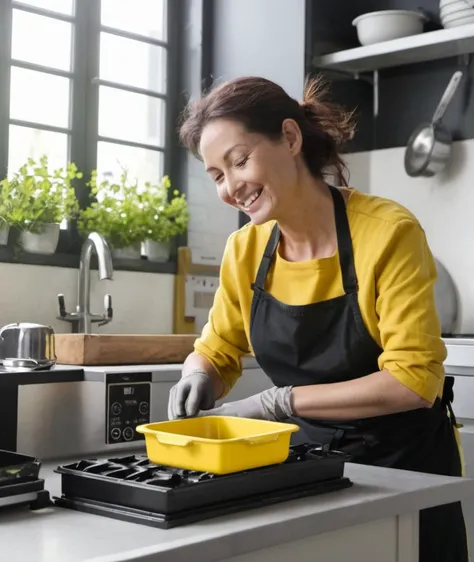 , <lora:3l3ctronics:1> 3l3ctronics, black & yellow, industrial, heavy duty, modular, A highly detailed mother in her kitchen preparing meal, window sunny day, happy, smiling,