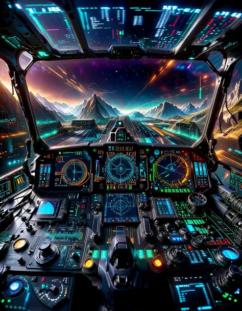 3d hud cockpit, vibrant charts graphs, controls, metallic metal chrome, shimmer glimmer sparkle, glow, ethereal, dark scenic backdrop, 8k hdr, high quality, sharp focus, extremely detailed, guidance systems, led crosshairs, tracer rounds,