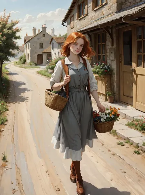 detailed background, HD, Highres, best quality, masterpiece,  
blaas painting,
modern redhead girl with freckles, timeglass shape, walking in countryside with a basket, casual city suit
in summer
<lora:blaas_painting>