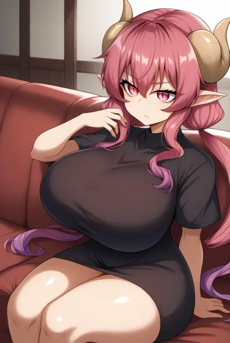 masterpiece,8k,uncensored,(highres:1.3),high resolution, unity 8k wallpaper, detailed face, detailed CG, (perfect hands, perfect anatomy),
(high quality, best quality)(curvy:1.45)(shiny hair:1.2) (shiny skin:1.5) (oily skin:1.2) (uncensored:1.2)(gigantic breasts,)
<lora:Ilulu_Sdxl:1>Ilulu_Default, thighhighs, black shirt, short sleeves, shortstack, black skirt, short dress,pink eyes, gradient hair, purple hair, pink hair, multicolored hair, short hair with long locks, twin drills, low twintails, sidelocks, hair between eyes, dragon horns, curled horns, pointy ears.
(sitting on sofa),lazy,parted lips, indoors, sharp teeth, <lora:Gin_mokuPDXL:1>,