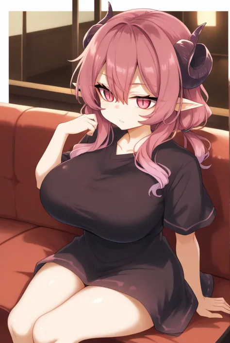 masterpiece,8k,uncensored,(highres:1.3),high resolution, unity 8k wallpaper, detailed face, detailed CG, (perfect hands, perfect anatomy),
(high quality, best quality)(curvy:1.45)(shiny hair:1.2) (shiny skin:1.5) (oily skin:1.2) (uncensored:1.2)(gigantic breasts,)
<lora:Ilulu_Sdxl:1>Ilulu_Default, thighhighs, black shirt, short sleeves, shortstack, black skirt, short dress,pink eyes, gradient hair, purple hair, pink hair, multicolored hair, short hair with long locks, twin drills, low twintails, sidelocks, hair between eyes, dragon horns, curled horns, pointy ears.
(sitting on sofa),lazy,parted lips, indoors, sharp teeth, <lora:Gin_mokuPDXL:1>,