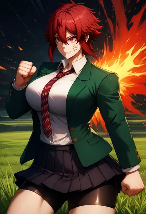 score_9, score_8_up, score_7_up, score_6_up, score_5_up, score_4_up, BREAK source_anime,
masterpiece,8k,uncensored,(highres:1.3),high resolution, unity 8k wallpaper, detailed face, detailed CG, (perfect hands, perfect anatomy),
Beautiful eyes,detailed eyes,
1girl,
tomo aizawa, short hair, red eyes, hair between eyes, red hair,
skirt, shirt, school uniform, jacket, white shirt, pleated skirt, necktie, striped, black skirt, blazer, red necktie, school bag, green jacket, striped necktie, green blazer, bike shorts,
large breasts, big ass, big waist,
curvy body, thick thighs, wide hip,
muscular body,abs,biceps,muscular thighs,
muscular arms,anger veins,
dynamic pose,dynamic light,
fist hand,arms forward,arms at waist,
confident smile,very furious,!,
in(school,walk passage,grassy field),
standing,legs apart,
