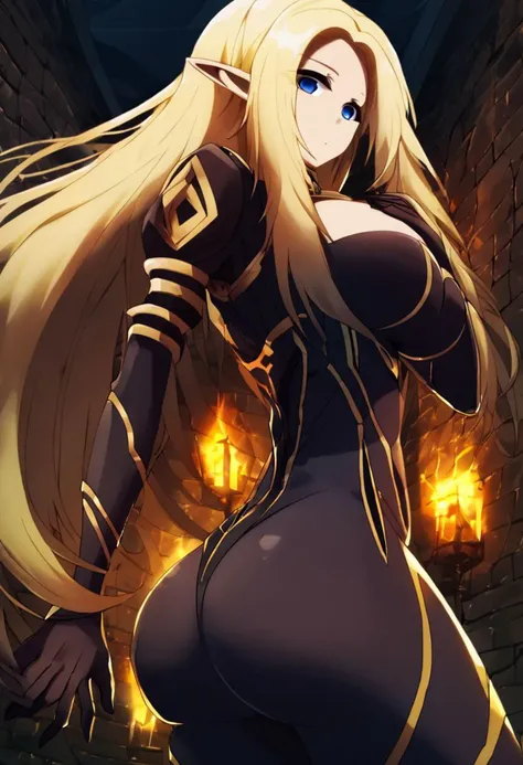 score_9, score_8_up, score_7_up, score_6_up, score_5_up, score_4_up, BREAK source_anime,
masterpiece,8k,uncensored,(highres:1.3),high resolution, unity 8k wallpaper, detailed face, detailed CG, (perfect hands, perfect anatomy),
by hiroyama_hirosh,
room wall, dynamic light,
1girl,solo,
alpha ,long hair, blue eyes, blonde hair, pointy ears, elf,cleavage, clothing cutout, cleavage cutout, bodysuit, black bodysuit,
Big breasts,Big waist,Curvy body, (hand-like:1.5), hand,hand on breasts,curvy ass, big ass,
From behind(actually from below),
Unware, emotionless,
Empty eyes, shade face,shade body, looking at viewer,
sky In night city medieval theme,
Near light source,
dynamic pose,