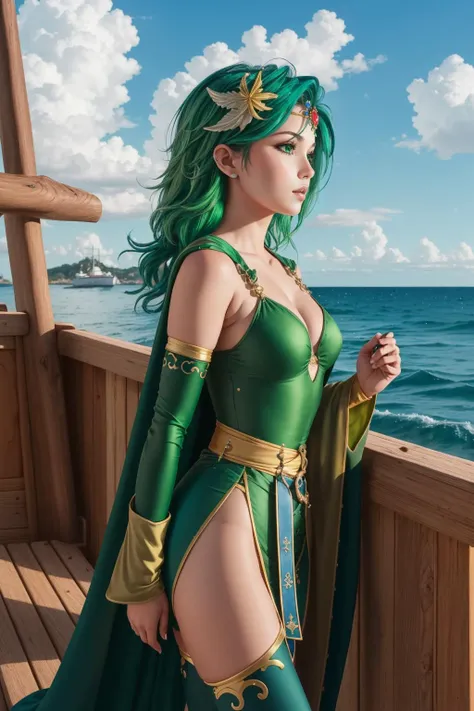 masterpiece, best quality, rydia, green hair, green cape, hair ornament, green leotard, belt, detached sleeves, thigh boots, wooden ship, sea, sky, looking at viewer, from side <lora:rydia-nvwls-v2-000012:0.9>