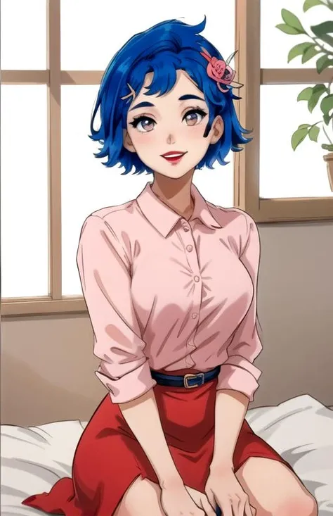best quality, (masterpiece),(ultra-detailed), (high quality), (high resolution), <lora:emily-10:0.7>,1girl, blue hair, emily, hair ornament, lipstick, looking at viewer, meme, nail polish, seiza, short hair, sitting, smile, solo, teeth, upper body, white background, window, red dress, pink shirt,