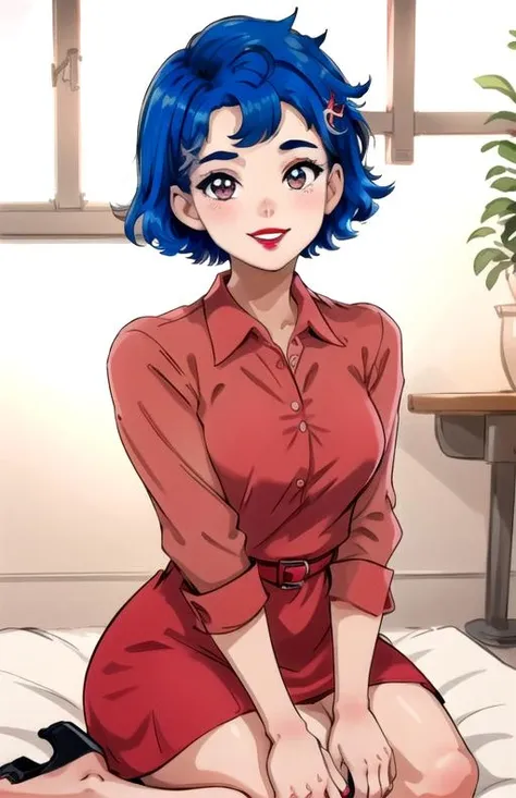 best quality, (masterpiece),(ultra-detailed), (high quality), (high resolution),  <lora:emily-10:0.7>,1girl, blue hair, emily,  hair ornament, lipstick, looking at viewer, meme, nail polish,   red shirt, seiza, short hair, sitting, smile, solo, teeth, upper body, white background, window, red dress, pink shirt,