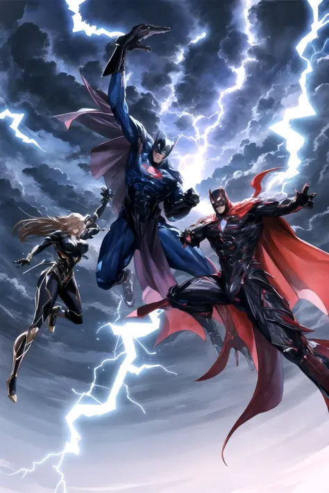 <lora:Al3xross:1>,Al3xross,monster and a superhero fighting in the air,clouds,lightning from hands, monster punch