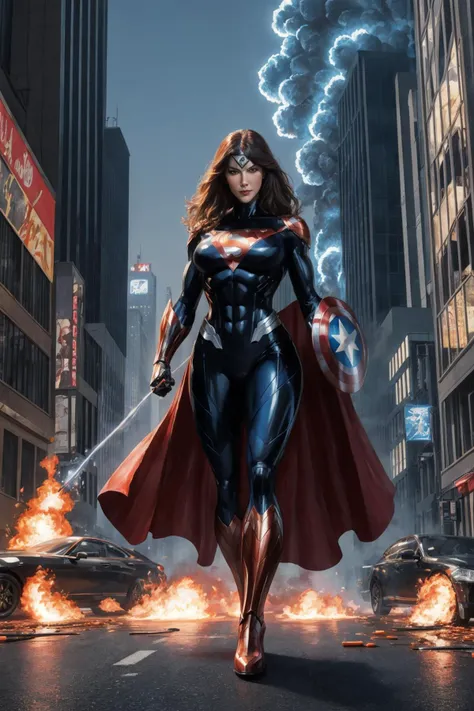 <lora:Al3xross:1.1>,Al3xross,lifelike superhero illustrations,fire,car explosions,city street,superhero holding a puppy,highly detailed,vibrant colors,powerful pose,iconic costume,
