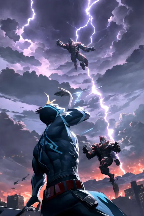 <lora:Al3xross:1>,Al3xross,monster and a superhero fighting in the air,clouds,lightning from hands, monster punch