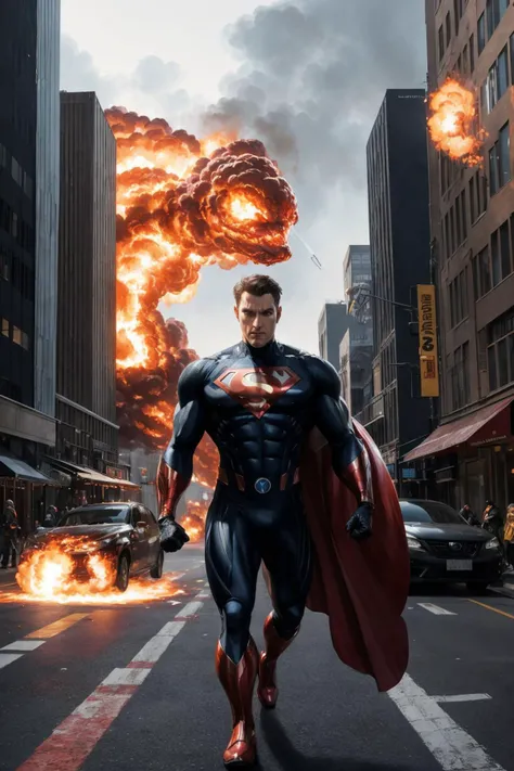 <lora:Al3xross:1>,Al3xross,lifelike superhero illustrations,fire,car explosions,city street,superhero holding a puppy,highly detailed,realistic style,dynamic lighting,vibrant colors,powerful pose,iconic costume,