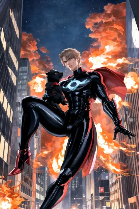 <lora:Al3xross:1.1>,Al3xross,lifelike superhero illustrations,fire,car explosions,city street,superhero holding a puppy,vibrant colors,powerful pose,