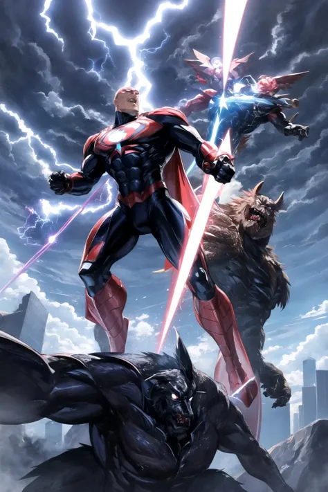 <lora:Al3xross:1>,Al3xross,monster and a superhero fighting in the air,clouds,lightning from hands, monster punch