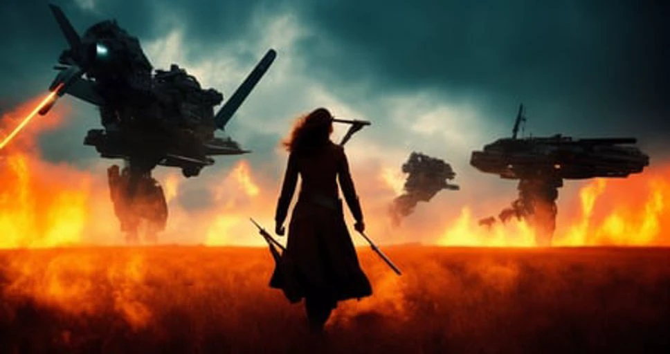 Create a powerful and emotive portrait of a woman as she leads a group of human rebels in the fight against the alien invasion. Use advanced photography and image editing techniques to realistically capture her expression and posture, and play with light and shadow to add depth and drama to the image. Incorporate elements of the battlefield, such as debris and destruction, to add context and visual interest to the image. Make sure the image has high resolution and impeccable image quality to ensure a very realistic and dynamic appearance.