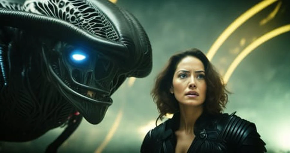 A dramatic close-up of a woman's face as she confronts an alien attacker, with a look of fierce determination and bravery. The photo should be taken with a high-quality DSLR camera, using professional lighting and color grading techniques to enhance the mood and atmosphere of the scene. The image should convey the woman's strength and courage as she faces off against the alien threat.