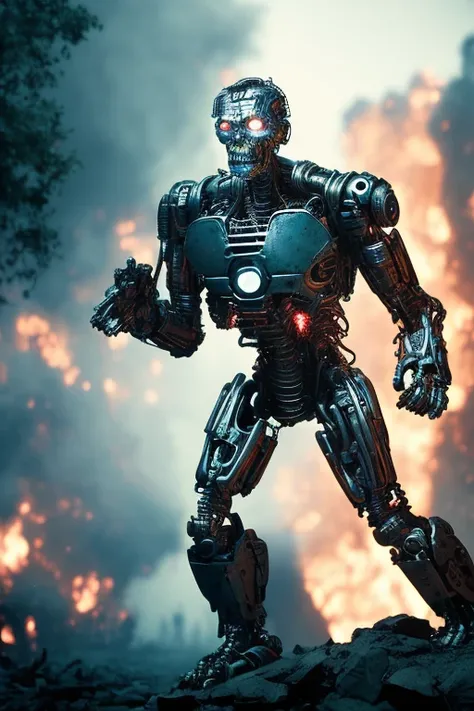 syberart, centered, create a dramatic and action-packed terminator. Use advanced photography and image editing techniques to realistically capture intense expression and posture, and play with light and shadow to add depth and drama to the image. Incorporate elements of the battlefield, such as debris and destruction, to add context and visual interest to the image. Make sure the image has high resolution and impeccable image quality to ensure a very realistic and dynamic appearance