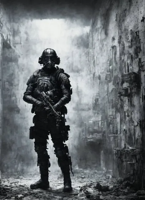 syberart, cinematic scene, portrait of spec ops soldier lurking in abandoned underground scp complex, dark, grim, dramatic, eerie, black uniform, spec ops helmet with visor, gas mask, sas, gsg-9, swat, tactical equipment, artificial light