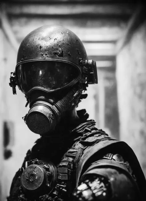 syberart, cinematic scene, portrait of spec ops soldier lurking in abandoned underground scp complex, dark, grim, dramatic, eerie, black uniform, spec ops helmet with visor, gas mask, sas, gsg-9, swat, tactical equipment, artificial light