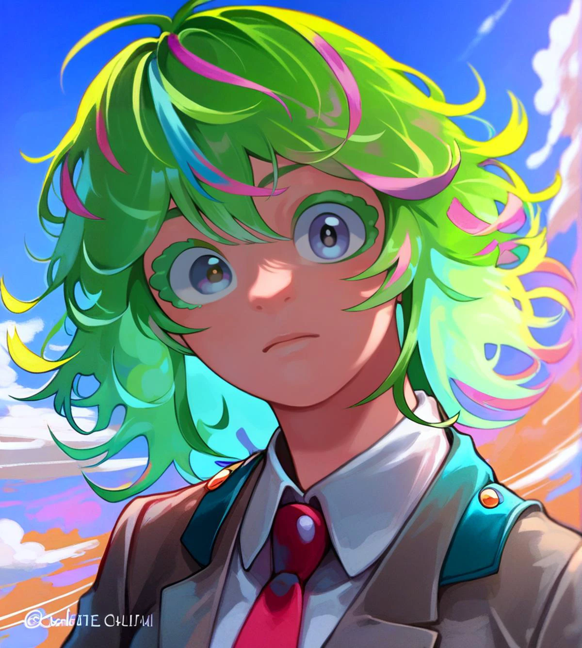 score_9_up, score_8_up, portrait, headshot, dutch_angle, 1girl, <lora:hagakure_tooru-v1-pony:1>, hagakure_tooru, medium hair, multicolored hair, streaked hair, colored eyelashes, large breasts,
, outside, at a sky island, twilight, source_anime
