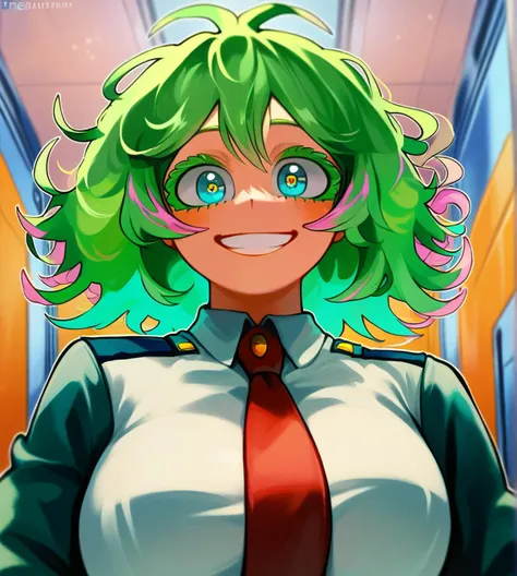 score_9_up, score_8_up, score_7_up, portrait, headshot, 1girl, <lora:hagakure_tooru-v1-pony:1>, hagakure_tooru\(boku no hero academia\), medium hair, streaked hair, colored eyelashes, large breasts, smiling, teeth
, inside, in an elevator, source_anime