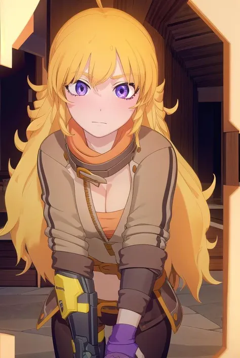 yangxiaolong, <lora:yangxiaolong-lora-nochekaiser:1>,
yang xiao long, long hair, blonde hair, (purple eyes:1.1), ahoge, bangs,
BREAK cleavage, jacket, belt, mechanical arms, single mechanical arm, prosthesis, prosthetic arm,
BREAK outdoors,
BREAK looking at viewer, (cowboy shot:1.5),
BREAK <lora:GoodHands-beta2:1>, (masterpiece:1.2), best quality, high resolution, unity 8k wallpaper, (illustration:0.8), (beautiful detailed eyes:1.6), extremely detailed face, perfect lighting, extremely detailed CG, (perfect hands, perfect anatomy),