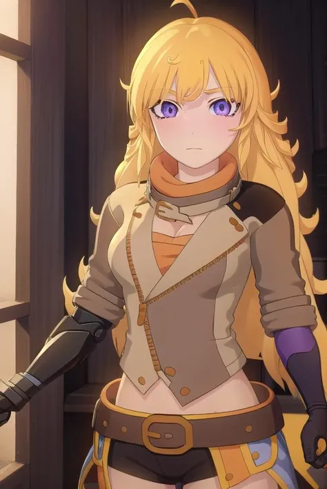 yangxiaolong, <lora:yangxiaolong-lora-nochekaiser:1>,
yang xiao long, long hair, blonde hair, (purple eyes:1.1), ahoge, bangs,
BREAK cleavage, jacket, belt, mechanical arms, single mechanical arm, prosthesis, prosthetic arm,
BREAK outdoors,
BREAK looking at viewer, (cowboy shot:1.5),
BREAK <lora:GoodHands-beta2:1>, (masterpiece:1.2), best quality, high resolution, unity 8k wallpaper, (illustration:0.8), (beautiful detailed eyes:1.6), extremely detailed face, perfect lighting, extremely detailed CG, (perfect hands, perfect anatomy),