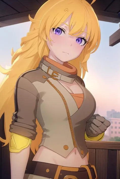 yangxiaolong, <lora:yangxiaolong-lora-nochekaiser:1>,
yang xiao long, long hair, blonde hair, (purple eyes:1.1), ahoge, bangs,
BREAK cleavage, jacket, belt, mechanical arms, single mechanical arm, prosthesis, prosthetic arm,
BREAK outdoors,
BREAK looking at viewer, (cowboy shot:1.5),
BREAK <lora:GoodHands-beta2:1>, (masterpiece:1.2), best quality, high resolution, unity 8k wallpaper, (illustration:0.8), (beautiful detailed eyes:1.6), extremely detailed face, perfect lighting, extremely detailed CG, (perfect hands, perfect anatomy),