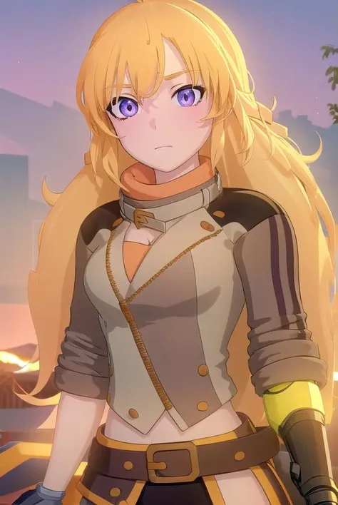 yangxiaolong, <lora:yangxiaolong-lora-nochekaiser:1>,
yang xiao long, long hair, blonde hair, (purple eyes:1.1), ahoge, bangs,
BREAK cleavage, jacket, belt, mechanical arms, single mechanical arm, prosthesis, prosthetic arm,
BREAK outdoors,
BREAK looking at viewer, (cowboy shot:1.5),
BREAK <lora:GoodHands-beta2:1>, (masterpiece:1.2), best quality, high resolution, unity 8k wallpaper, (illustration:0.8), (beautiful detailed eyes:1.6), extremely detailed face, perfect lighting, extremely detailed CG, (perfect hands, perfect anatomy),