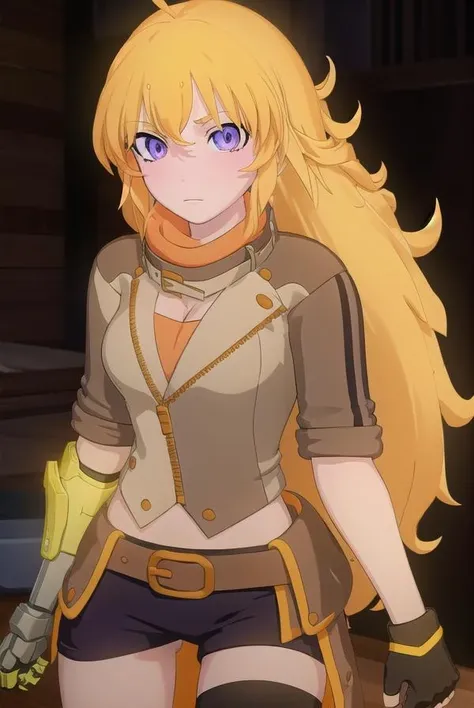 (fullbody), Huntress Yang, 1girl, solo, (ahoge:1), bangs, blonde hair, very long hair, (lilac eyes:1.), eyebrows visible through hair, hair between eyes, lips, teeth, collarbone, (Pendant:1), (purple jewelry:1), jacket, (black sleeves:1), (black shoulders:1), unzipped, long sleeves, cleavage, (black tube top:1), medium breasts, black underwear, (black belt:1.2), buckle, (purple fabric attached left of belt:1), (Heavy wind:1.4), (golden gauntlets with shell casings:1.3), black fingerless gloves, nail polish, (black tight mini skirt:1.4), thighhighs, (golden fire stamp on each thigh), (garter straps), (black legwear:1), cross-laced footwear, lace-up boots, (white laces on the back of boots:1.1), (standing:1.4), from below, (Clear white background:1.5). BREAK, (masutepiece:1.2), Best Quality, High resolution, Unity 8k壁纸, (Illustration:0.8), (Beautiful detailed eyes:1.2), extra detailed face, Perfect Lighting, extremely detailed CG,