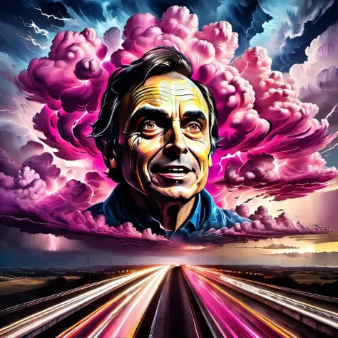Carl sagan is martius_storm, gold and magenta clouds, a happy expression, over an interstate highway, an oil painting