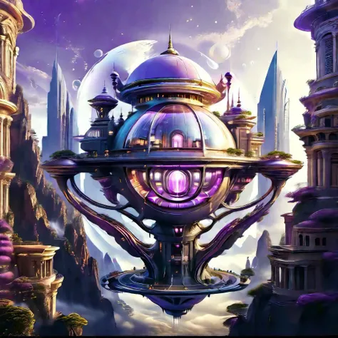 violet floating spherical alien classic roman style with arcs and columns futuristic starship, cityscape, detailed, masterpiece
