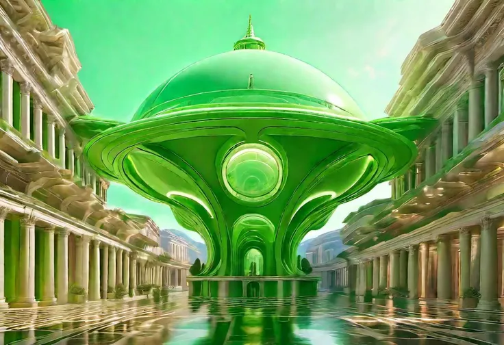 green floating spherical alien [classic roman architecture style with arcs and columns|aerodynamic ] starship, detailed, masterpiece