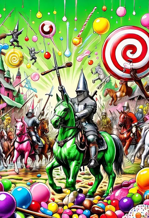 ink art, line art, an army of colorful gumdrop soldiers, storybook illustration, battlefield with a Masonic black and white checkered ground, warriors wielding candy cane spears, inebriated horses, Todd Schorr, Hieronymus Bosch, epic battle scene, 16k, UHD, soft lighting, sharp focus, mayhem, madness, electric green lighting in the sky