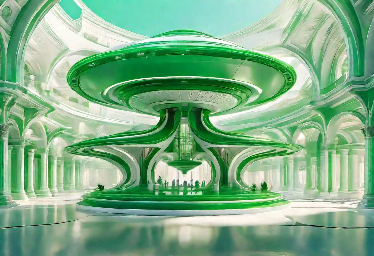 green floating classic roman architecture style aerodynamic starship, white columns, detailed, masterpiece