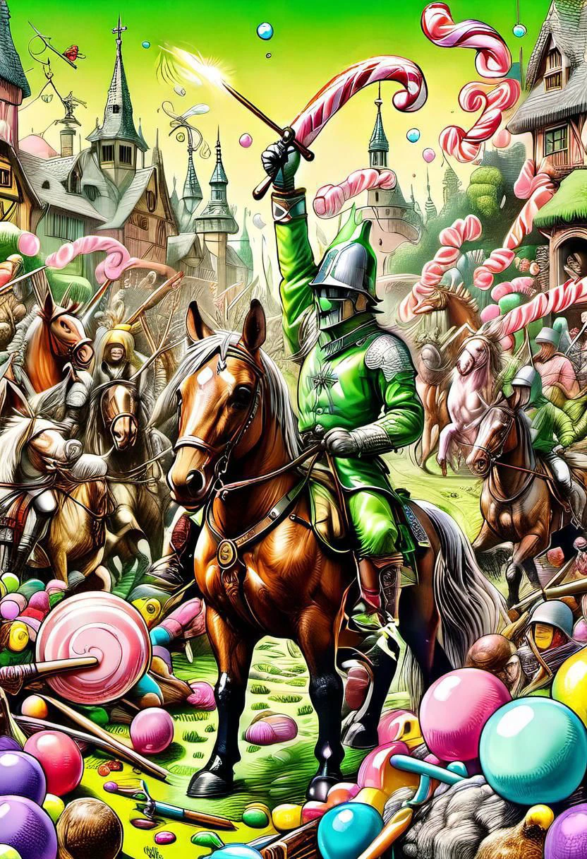 ink art, line art, an army of colorful gumdrop soldiers, storybook illustration, battlefield with a Masonic black and white checkered ground, warriors wielding candy cane spears, inebriated horses, Todd Schorr, Hieronymus Bosch, epic battle scene, 16k, UHD, soft lighting, sharp focus, mayhem, madness, electric green lighting in the sky