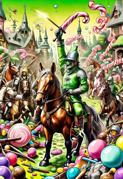 ink art, line art, an army of colorful gumdrop soldiers, storybook illustration, battlefield with a Masonic black and white checkered ground, warriors wielding candy cane spears, inebriated horses, Todd Schorr, Hieronymus Bosch, epic battle scene, 16k, UHD, soft lighting, sharp focus, mayhem, madness, electric green lighting in the sky