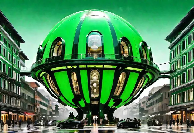 green floating spherical biopunk [classic roman style with arcs and columns|aerodynamic with round black windows] starship, detailed, masterpiece