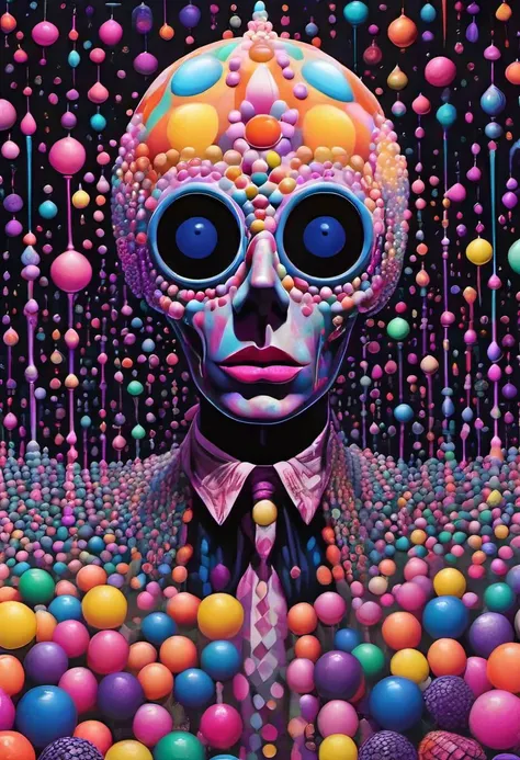 A psychedelic remix of American gothic, made out of balls, night, 1950 s aesthetic, lisa frank color scheme, inspired by stained glass windows, a fever dream, vaporwave undertones