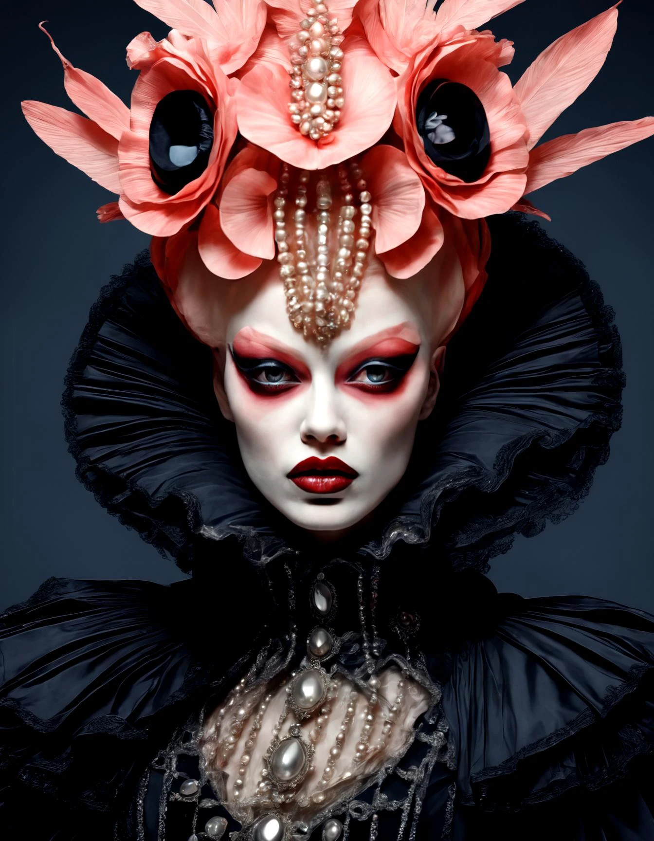 surreal, nightmarish, high fashion, grotesque, extravagant couture, bizarre outfits, unconventional beauty, unsettling backdrop, artistic,(detailed face:1.05), hyperrealistic, photorealistic