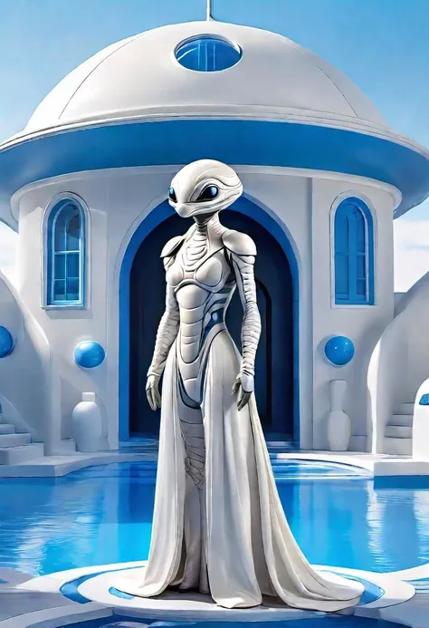 strict alien human turtle standing, with big black eyes, in costume, full body, aerodynamic starship style architecture with arks, white columns houses on background, round windows, blue spherical roofs, detailed, masterpiece, realistic