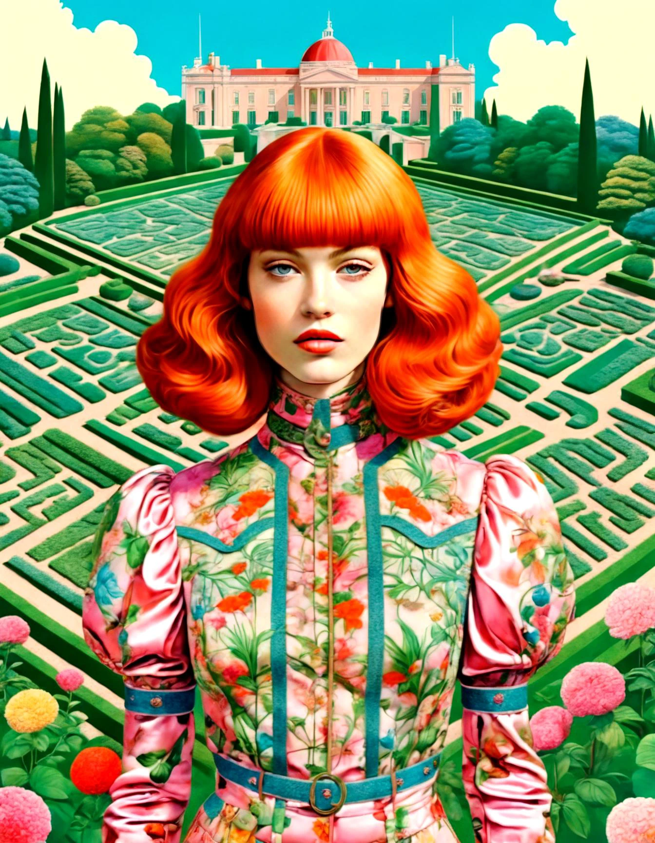 elegant portrait, Alessandro Michele style, Gucci, retro modern haircut, eclectic fashion, richly detailed, lush vibrant garden background, romantic whimsical essence