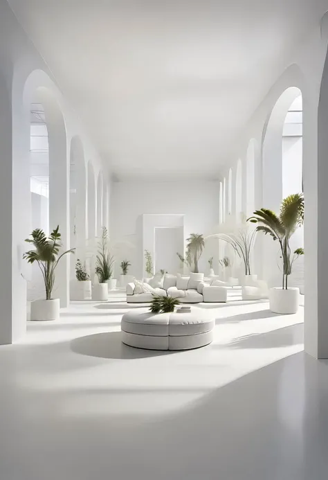 a blank plain white room, filled with white furniture, white decor, white plants, colorless, bleak, imprisonment
