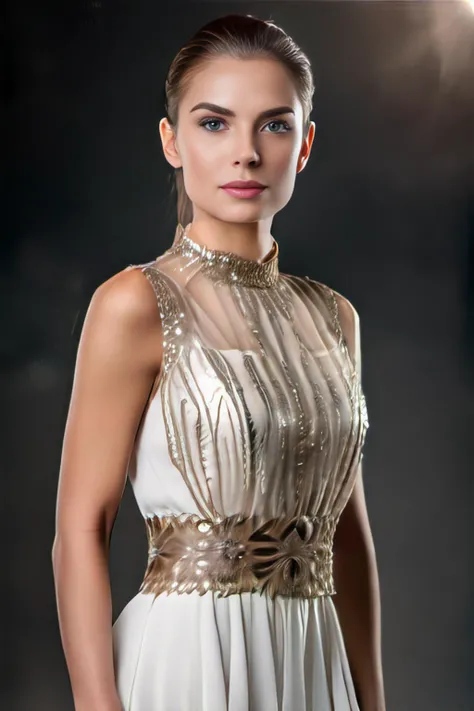 ((Facial portrait)), European female, (wears a luxurious belly dress), in a lifelike studio environment. solid neutral background, Sunlit hours, high level of details, sharpness, and color accuracy, Depth of field, (focus on face),