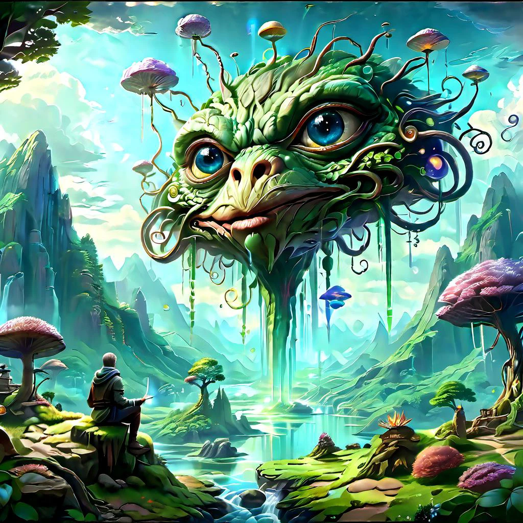 (masterpiece, best_quality, ultra-detailed, immaculate:1.3), epic, illustration, Magical floating islands with giant Guardian mega-physique Pepe frog watching over earth,1girl, solo, outdoors, sky, cloud, water, armor, glowing, colored skin, cloudy sky, staff, glowing eyes, rock, mountain, blue skin <lora:ral-mytfrst-sdxl:0.8> ral-mytfrst , fantasy, glowing, glowing eyes, fantasy landscape, floating islands, falling waterfalls, <lora:guardian:0.9> guardian spirit <lora:ponydiffusionv6_pepethefrog:1>